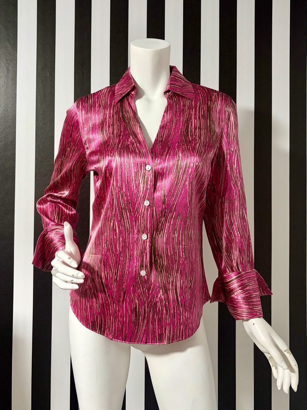 Kenneth Cole New York Silk Blend Blouse Size 10 Fuchsia Abstract Print